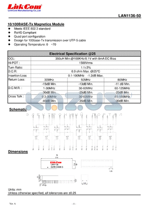 LAN1136-50 datasheet - 10/100BASE-Tx Magnetics Module