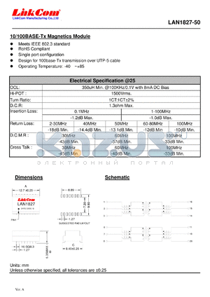 LAN1827-50 datasheet - 10/100BASE-Tx Magnetics Module