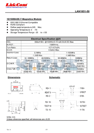 LAN1851-50 datasheet - 10/100BASE-T Magnetics Module