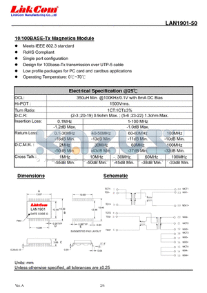 LAN1901-50 datasheet - 10/100BASE-Tx Magnetics Module