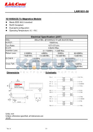LAN1931-50 datasheet - 10/100BASE-Tx Magnetics Module