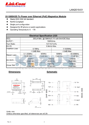 LAN2019-51 datasheet - 10/100BASE-Tx Power over Ethernet (PoE) Magnetics Module