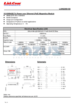 LAN2200-50 datasheet - 10/100BASE-Tx Power over Ethernet (PoE) Magnetics Module