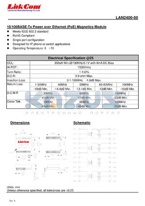 LAN2400-50 datasheet - 10/100BASE-Tx Power over Ethernet (PoE) Magnetics Module