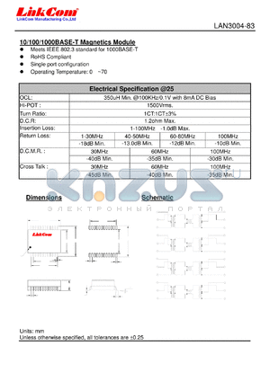 LAN3004-83 datasheet - 10/100/1000BASE-T Magnetics Module