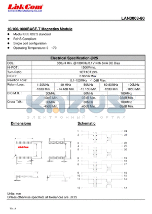 LAN3003-80 datasheet - 10/100/1000BASE-T Magnetics Module