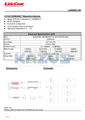 LAN3007-80 datasheet - 10/100/1000BASE-T Magnetics Module