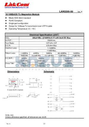 LAN3205-50 datasheet - 10/100BASE-Tx Magnetics Module