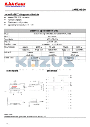 LAN3206-50 datasheet - 10/100BASE-Tx Magnetics Module