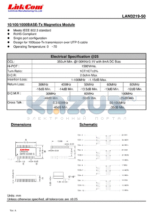 LAN3219-50 datasheet - 10/100/1000BASE-Tx Magnetics Module