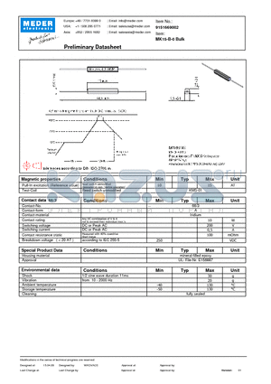 MK15-B-0 datasheet - MK Reed Sensors