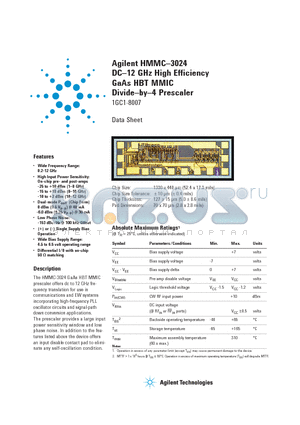HMMC-3024 datasheet - DC-12 GHz High Efficiency GaAs HBT MMIC Divide-by-4 Prescaler