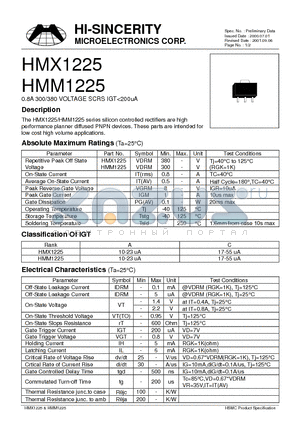 HMM1225 datasheet - 0.8A 300/380 VOLTAGE SCRS IGT<200uA