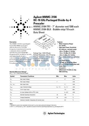 HMMC-3104 datasheet - DC-16 GHz Packaged Divide-by-4 Prescaler