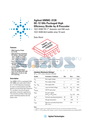 HMMC-3128 datasheet - DC-12 GHz Packaged High Efficiency Divide-by-8 Prescaler