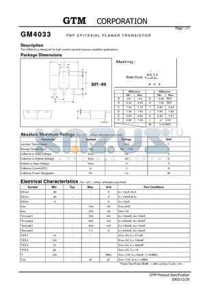 GM4033 datasheet - PNP EPITAXIAL PLANAR TRANSISTOR