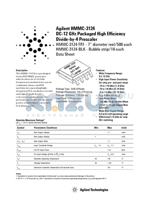 HMMC-3124 datasheet - DC-12 GHZ PACKAGED HIGH EFFICIENCY DIVIDE-BY-4PRESCALER