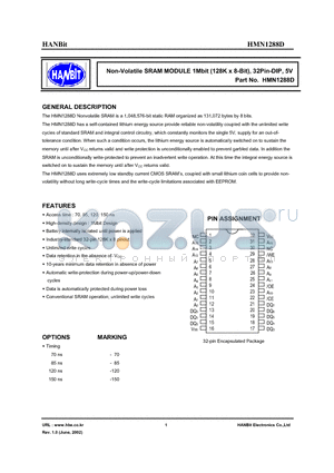 HMN1288D-120 datasheet - Non-Volatile SRAM MODULE 1Mbit (128K x 8-Bit), 32Pin-DIP, 5V