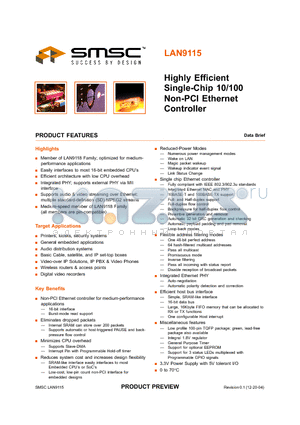 LAN9115 datasheet - HIGHLY EFFICIENT SINGLE - CHIP 10/100 NON PCI ETHERNET CONTROLLER