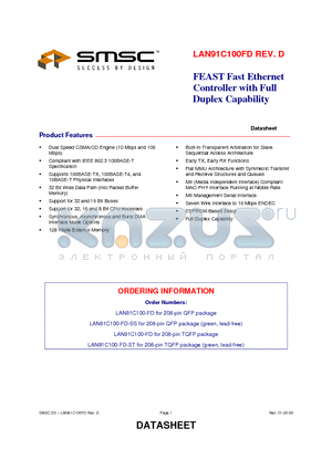 LAN91C100-FD-ST datasheet - FEAST Fast Ethernet Controller with Full Duplex Capability