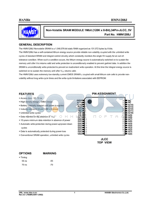 HMN1288J-55 datasheet - Non-Volatile SRAM MODULE 1Mbit (128K x 8-Bit),34Pin-JLCC, 5V