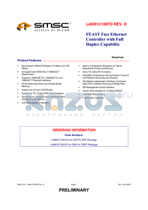 LAN91C100FD datasheet - FEAST FAST ETHERNET CONTROLLER WITH FULL DUPLEX CAPABILITY