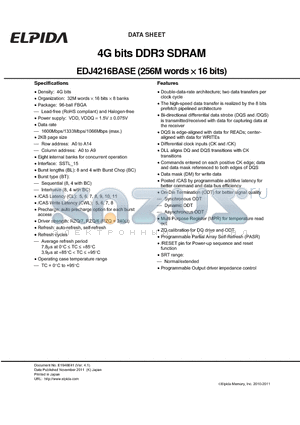 EDJ4216BASE datasheet - 4G bits DDR3 SDRAM