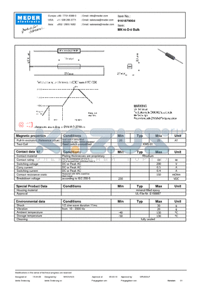 MK16-D-0 datasheet - MK Reed Sensors