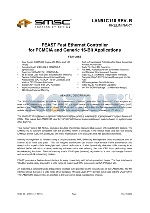 LAN91C110TQFP datasheet - FEAST FAST ETHERNET CONTROLLER FOR PCMCIA AND GENERIC 16-BIT APPLICATIONS