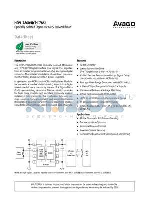 HCPL-7860 datasheet - The HCPL-7860/HCPL-786J Optically Isolated Modulator and HCPL-0872 Digital Interface IC or digital filter together form an isolated programmable two-chip analog-to-digital converter.