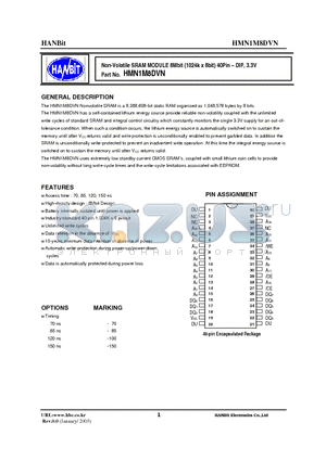 HMN1M8DVN-150I datasheet - Non-Volatile SRAM MODULE 8Mbit (1024k x 8bit) 40Pin - DIP, 3.3V