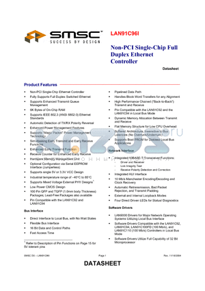 LAN91C96I datasheet - NON-PCI SINGLE-CHIP FULL DUPLES ETHERNET CONTROLLER