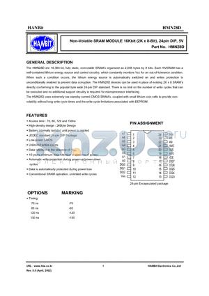HMN28D-120I datasheet - Non-Volatile SRAM MODULE 16Kbit (2K x 8-Bit), 24pin DIP, 5V