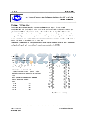 HMN2M8D-150 datasheet - Non-Volatile SRAM MODULE 16Mbit (2,048K x 8-Bit), 36Pin-DIP, 5V