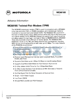 MC68185 datasheet - MC68185 Twisted-Pair Modem(TPM)