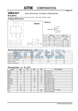 GM5401 datasheet - PNP EPITAXIAL PLANAR TRANSISTOR