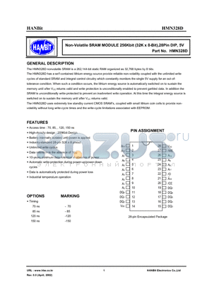 HMN328D-70I datasheet - Non-Volatile SRAM MODULE 256Kbit (32K x 8-Bit),28Pin DIP, 5V