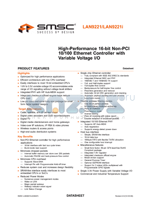 LAN9221-ABZJ datasheet - High-Performance 16-bit Non-PCI 10/100 Ethernet Controller with Variable Voltage I/O