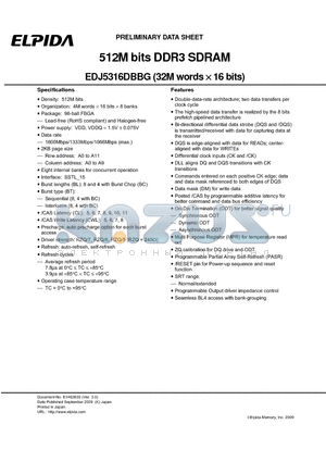 EDJ5316DBBG-DJ-F datasheet - 512M bits DDR3 SDRAM