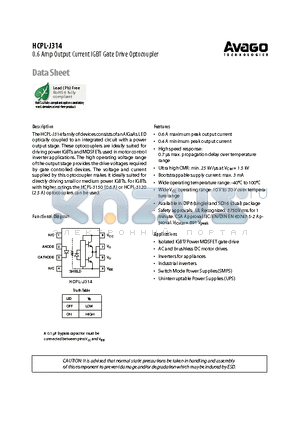 HCPL-J314 datasheet - 0.6 Amp Output Current IGBT Gate Drive Optocoupler