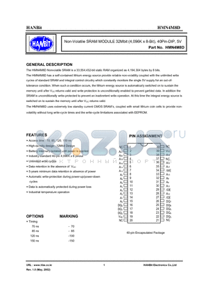 HMN4M8D-150I datasheet - Non-Volatile SRAM MODULE 32Mbit (4,096K x 8-Bit), 40Pin-DIP, 5V