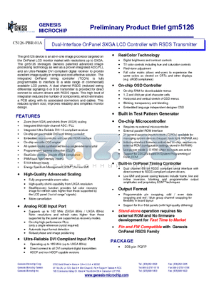 GM5126 datasheet - DUAL INTERFACE ONPANEL SXGA LCD CONTROLLER WITH RSDS TRANSMITTER