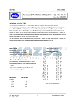 HMN4M8D-70I datasheet - Non-Volatile SRAM MODULE 32Mbit (4,096K x 8-Bit), 40Pin-DIP, 5V
