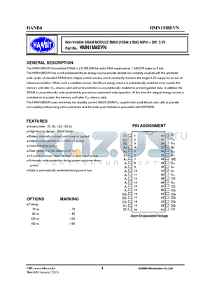 HMN1M8DVN-120 datasheet - Non-Volatile SRAM MODULE 8Mbit (1024k x 8bit) 40Pin - DIP, 3.3V