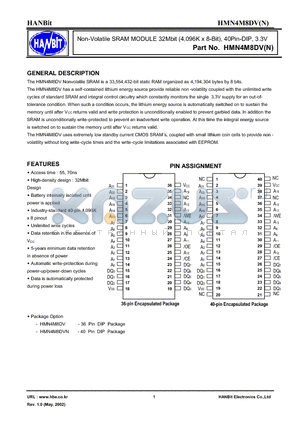 HMN4M8DV-85 datasheet - Non-Volatile SRAM MODULE 32Mbit (4,096K x 8-Bit), 40Pin-DIP, 3.3V