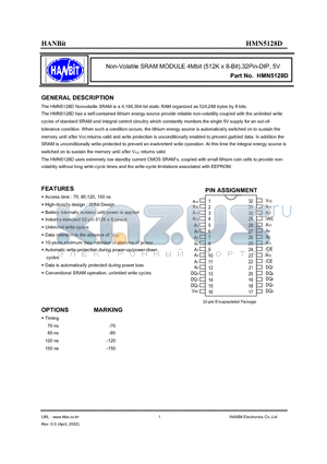 HMN5128D-150 datasheet - Non-Volatile SRAM MODULE 4Mbit (512K x 8-Bit),32Pin-DIP, 5V