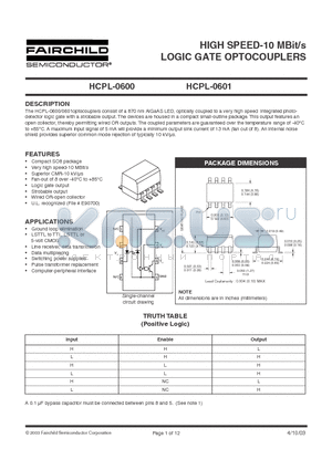 HCPL0600 datasheet - HIGH SPEED-10 MBit/s LOGIC GATE OPTOCOUPLERS