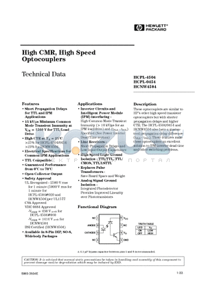 HCPL0454 datasheet - High CMR, High Speed Optocouplers