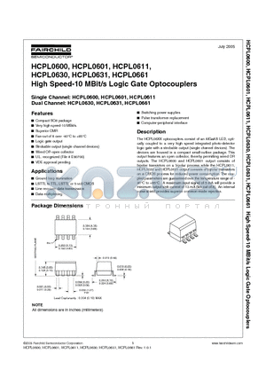 HCPL0601 datasheet - High Speed-10 MBit/s Logic Gate Optocouplers