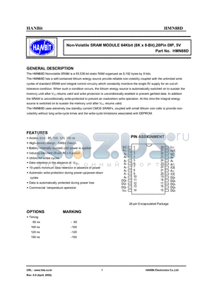 HMN88D-120 datasheet - Non-Volatile SRAM MODULE 64Kbit (8K x 8-Bit),28Pin DIP, 5V